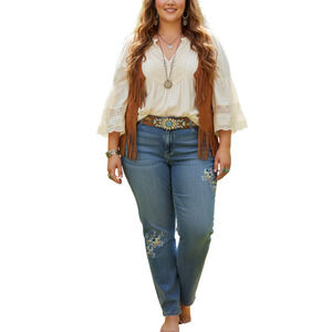 J. Jill Weekender Jeans 18 Straight Leg Denim Floral Embroidered Stretch READ